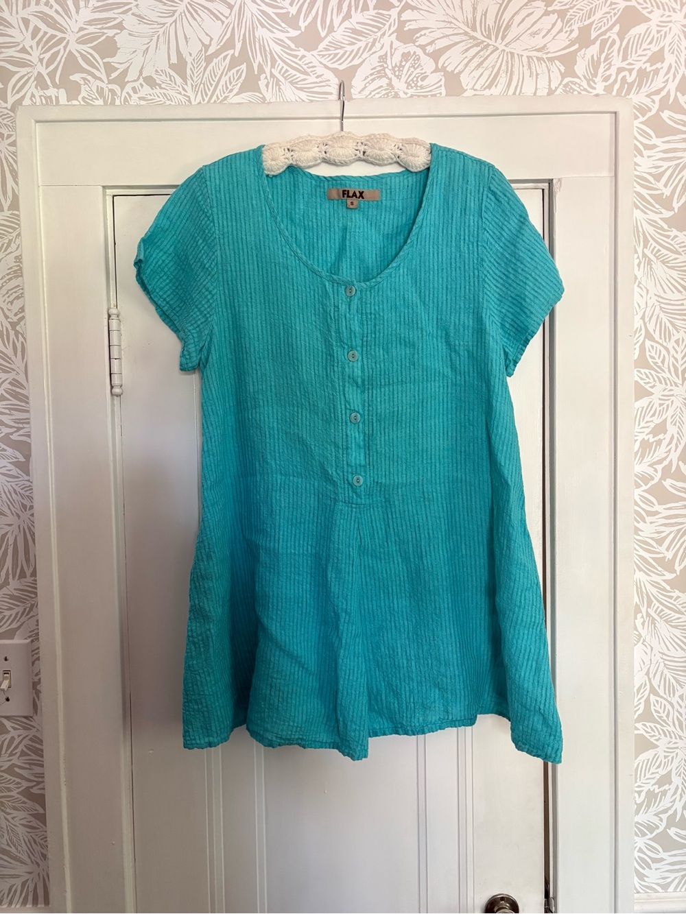 Flax Designs 100% Linen Cool Tunic Mini Dress in Turquoise Seersucker Small